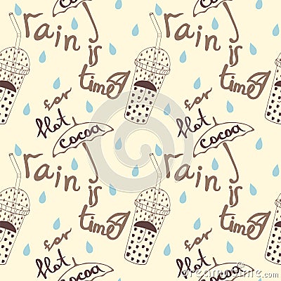 Seamless pattern with rain, cups of cocoa, umbrellas Vector Illustration