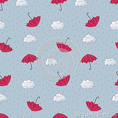 Seamless pattern with rain, umbrellas and clouds, autumn background. Vector Illustration