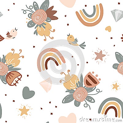 Seamless pattern with rainbow, birds and flowers. Cute vector background for nursery decor, fabrics, children textiles Vector Illustration