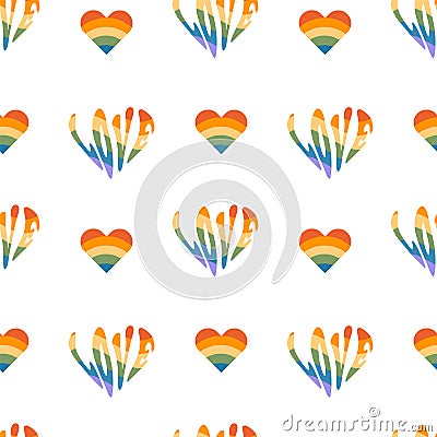 Seamless pattern with rainbow colored groovy word love in heart shape. Retro 60s 70s background with LGBT symbols Vector Illustration