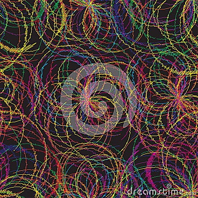 Seamless pattern with rainbow grunge wavy circles on black background Vector Illustration