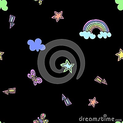 Seamless pattern with rainbow, stars, flash, lightning and butterfly on black background. Vector illustration. Typography design Vector Illustration