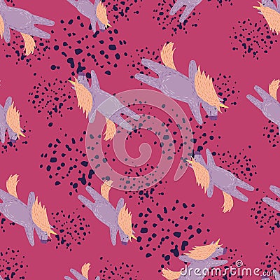 Seamless pattern with random fairytale unicorn silhouettes in light putple color. Pink background with splashes Stock Photo