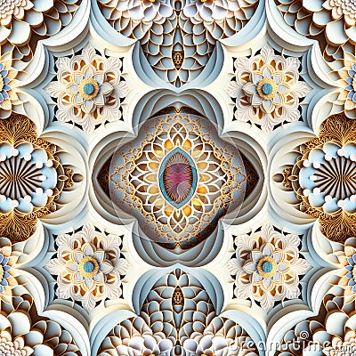 Seamless pattern Rapport with beautiful mandalas with relief for repetition. Generative AI. Pattern mirrored repeat duplicates Stock Photo