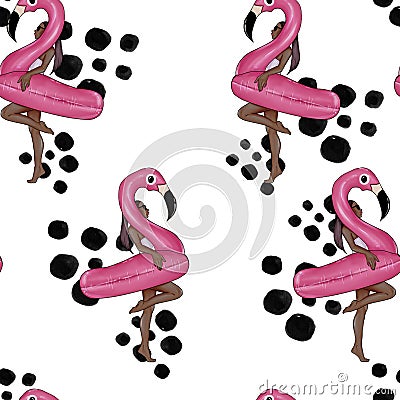 Seamless Pattern -raster image - Girl posing with inflatable floating pool flamingo Stock Photo