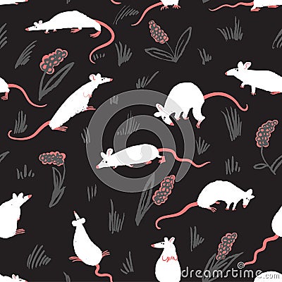 Seamless pattern with rats. Cute hand drawn background with cute Vector Illustration