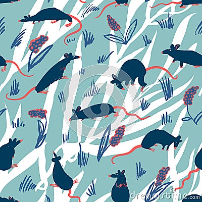 Seamless pattern with rats. Cute hand drawn background with cute Vector Illustration