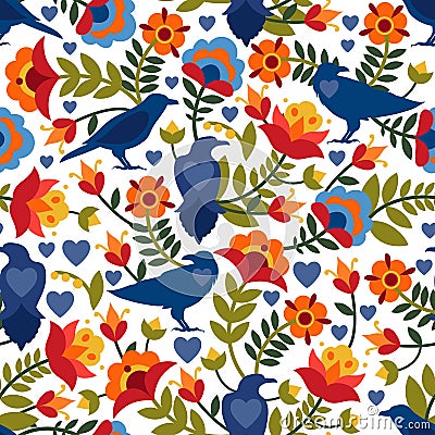 Seamless pattern with raven, symbols of the heart and flowers. Background with flat shapes in blue, green, red, orange and yellow Vector Illustration