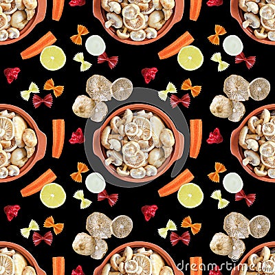 Seamless pattern with raw fresh mushrooms in a saucepan and cooking ingredients on a black square background Stock Photo