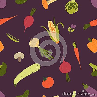 Seamless pattern with raw vegetables and mushrooms on black background. Backdrop with delicious fresh veggie food Vector Illustration