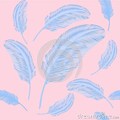 Seamless pattern, realistic feather. Blue elements on pink background. Elegant feather Vector Illustration