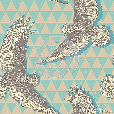 Seamless pattern with realistic flying owls in Vector Illustration