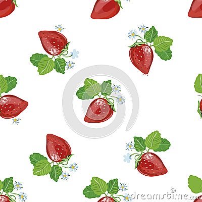 Seamless pattern of realistic image of delicious ripe strawberries with flowers Vector Illustration