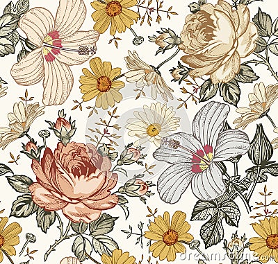 Seamless pattern. Realistic isolated flowers. Vintage background. Chamomile Rose hibiscus mallow wildflowers. Vector Illustration
