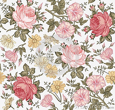 Seamless pattern. Realistic isolated flowers. Vintage background. Chamomile Rose Petunia wildflowers Drawing engraving Vector Vector Illustration