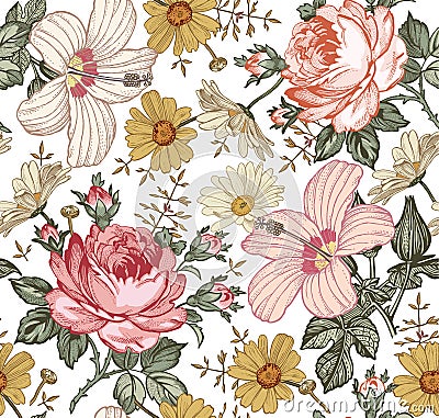 Seamless pattern. Realistic isolated flowers. Vintage background. Chamomile Rose hibiscus mallow. Wallpaper. Drawing engraving. Vector Illustration