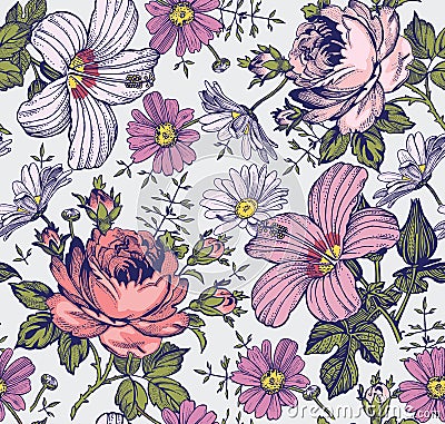 Seamless pattern. Realistic isolated flowers. Vintage background. Chamomile Rose hibiscus mallow. Wallpaper. Drawing engraving. Vector Illustration