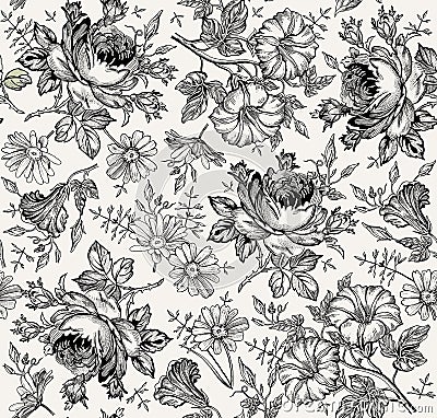 Seamless pattern. Realistic isolated flowers. Vintage background. Chamomile Rose Petunia wildflowers Drawing engraving Vector Vector Illustration