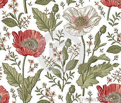 Seamless pattern realistic isolated flowers Vintage background Poppy Croton Drawing engraving Vector fabric illustration Vector Illustration