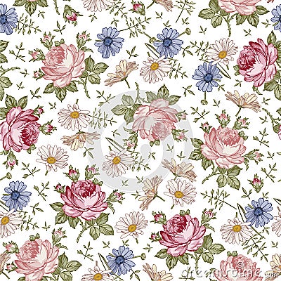Seamless pattern. Realistic isolated flowers. Vintage baroque background. Chamomile Rose. Wallpaper. Drawing engraving. Vector Illustration