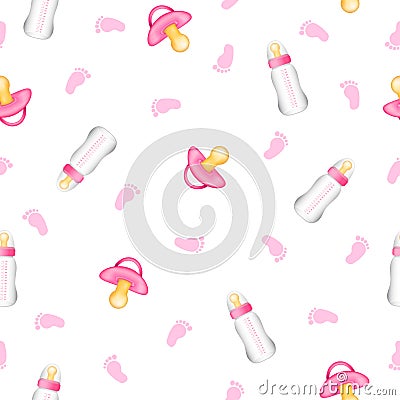 Seamless pattern from realistic pink pacifiers, baby bottles, foot. Vector Illustration