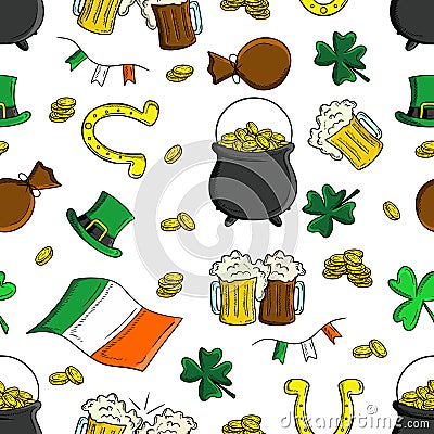 Seamless pattern with realistic Saint Patrick's day elements: green clover, Ireland flag, string with flags, bag with money, Vector Illustration