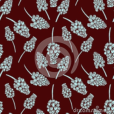 Seamless pattern with realistically painted ink Muscari flowers. Hand drawn illustration on burgundy background modified Cartoon Illustration