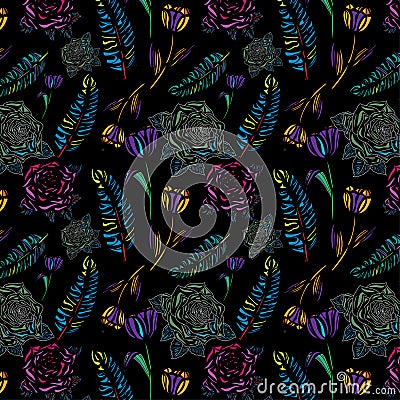 Seamless Pattern of rebecca purple, june bud, orange peel color rose and tulip flower with amazon and green blue crayola color Vector Illustration