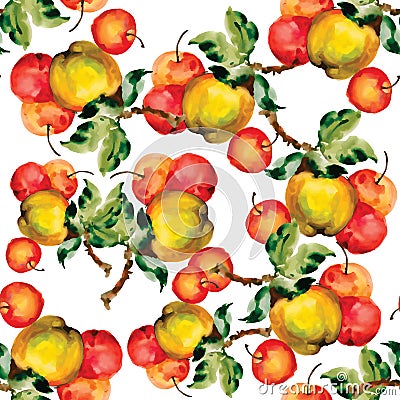 Seamless pattern with red apples and leaves. Vector illustration. Cartoon Illustration