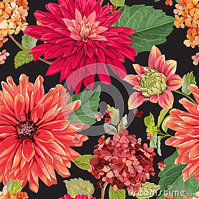 Seamless Pattern with Red Asters Flowers. Floral Background for Fabric Textile, Wallpaper, Wrapping. Watercolor Flowers Vector Illustration
