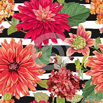 Seamless Pattern with Red Asters Flowers. Floral Background for Fabric Textile, Wallpaper, Wrapping. Watercolor Flowers Vector Illustration