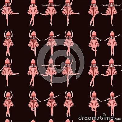 Seamless pattern red ballerinas in a shuttlecock dress dancing in different poses on a dark red background cartoon Stock Photo