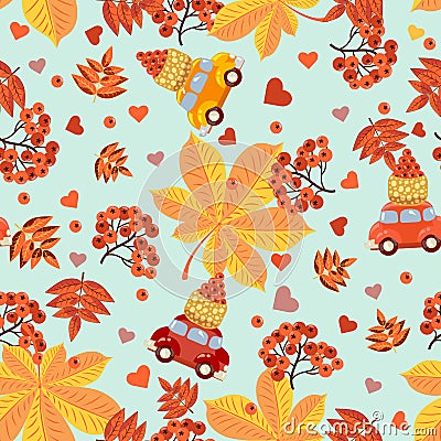 Seamless pattern with red berries, hearts, cars, baskets with berries and autumn leaves of orange, red and yellow Vector Illustration