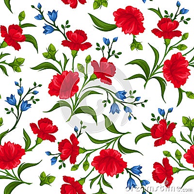 Seamless pattern with red and blue flowers. Vector illustration. Vector Illustration