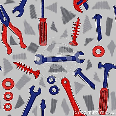 Seamless pattern with red and blue tools Stock Photo