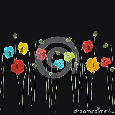 Seamless pattern of red, blue, yellow flowers on the black background. Watercolor -2 Stock Photo