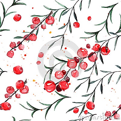 Seamless pattern with red currants and rosemary. watercolor tiled background. Stock Photo