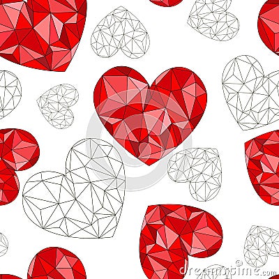 Seamless pattern of red diamond hearts on a white background. Vector Illustration