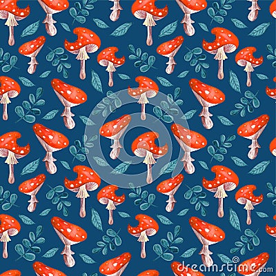 Seamless pattern of red fairy toadstools in watercolor leaves on turquoise background. Illustration of Forest mushrooms in a Stock Photo