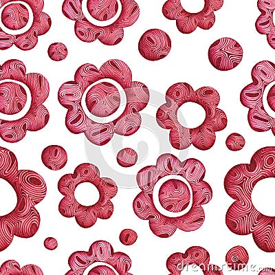 Seamless pattern with red flowers and circles on white isolated background drawing with penball. Cartoon Illustration