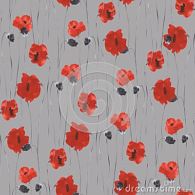 Seamless pattern of red flowers of poppies on a deep gray background. Watercolor Stock Photo