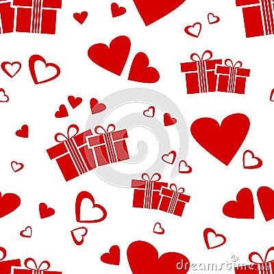 Seamless pattern with red gift boxes and hearts for Valentine`s Day. Vector illustation Stock Photo