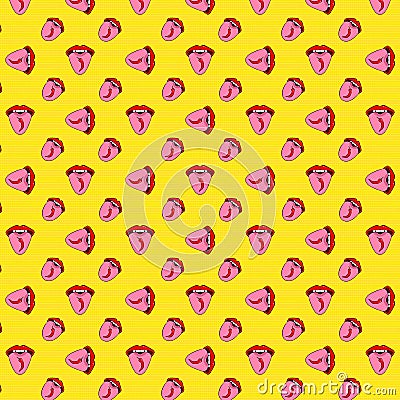 Seamless pattern with red hot chili pepper on the tongue. The girl shows tongue. Pop art style red lips on a yellow polka dot Vector Illustration