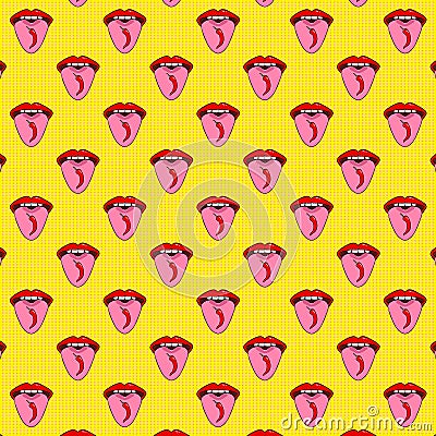 Seamless pattern with red hot chili pepper on the tongue. The girl shows tongue. Pop art style red lips on a yellow polka dot Vector Illustration