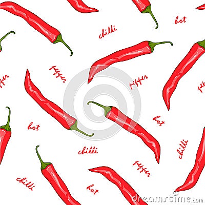 Seamless pattern red hot chilli pepper. Peppers background. Hand drawing. Vector illustration. Cartoon style. Vector Illustration