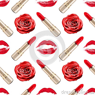 Seamless pattern red kiss print, lipstick, rose flower white background isolated, roses flowers, golden lipsticks, lips makeup Stock Photo