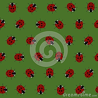 Seamless Pattern with Red Ladybugs and Ladybirds on a Dark Green Background. Vector Illustration