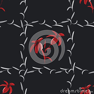 Seamless pattern of red lilies in a gray cell of plants on the black background. Watercolor Stock Photo