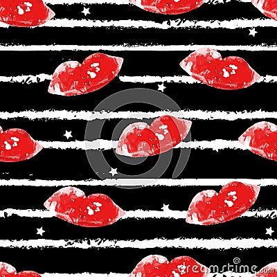 Seamless pattern with red lips, stars and white lines. Valentines day ornament for textile and wrapping Vector Illustration