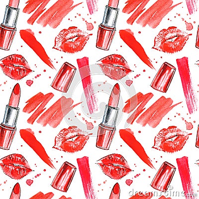 Seamless pattern of a red lipstick, lip prints and splashes. Cartoon Illustration